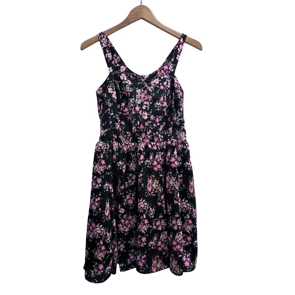 LC Lauren Conrad Black Pink Floral Print Midi Skater Dress‎ Women's Size 14